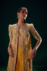 Mustard Gold Embroidered Long Jacket Suit