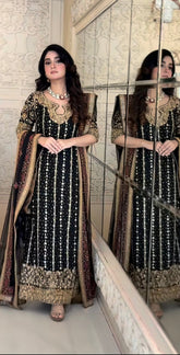 Noir Elegance – Black & Gold Embroidered Formal Ensemble