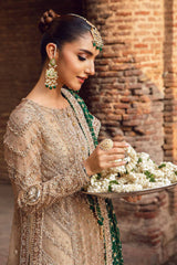 Heritage Charm – Beige Embroidered Ensemble with Emerald Dupatta