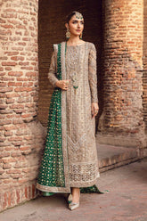 Heritage Charm – Beige Embroidered Ensemble with Emerald Dupatta
