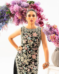 Black Velvet Masterpiece with Floral Embellishments & Dramatic Cape