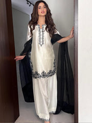 Graceful White & Black Embroidered Ensemble