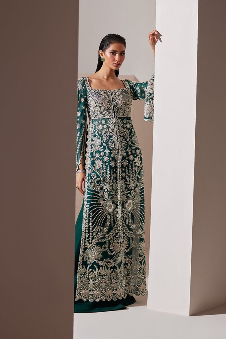 Emerald Green Embroidered Long Jacket Gown