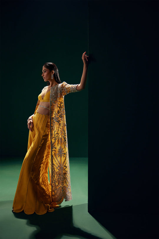 Mustard Gold Embroidered Long Jacket Suit