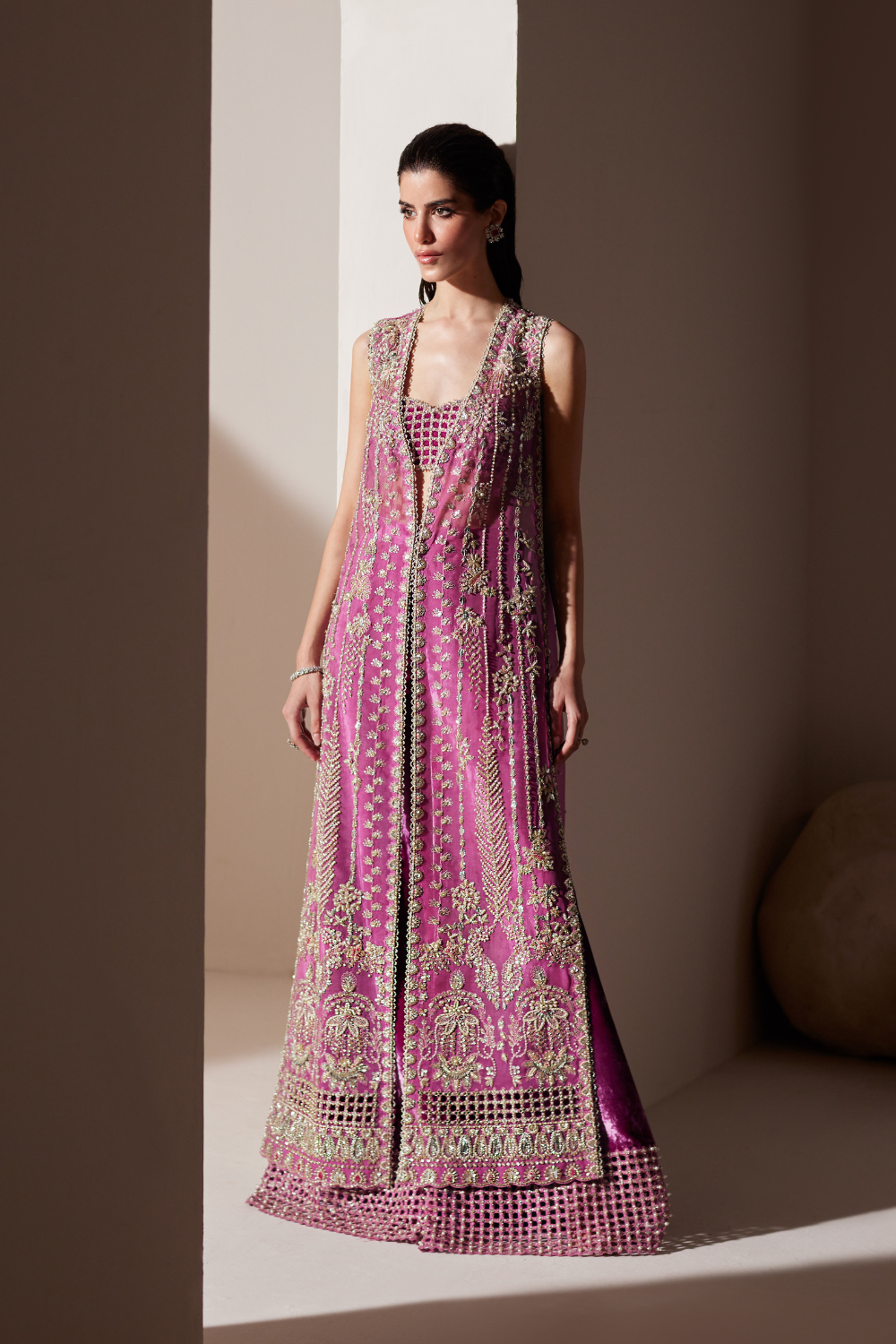 Orchid Pink Hand-Embellished Long Jacket Ensemble