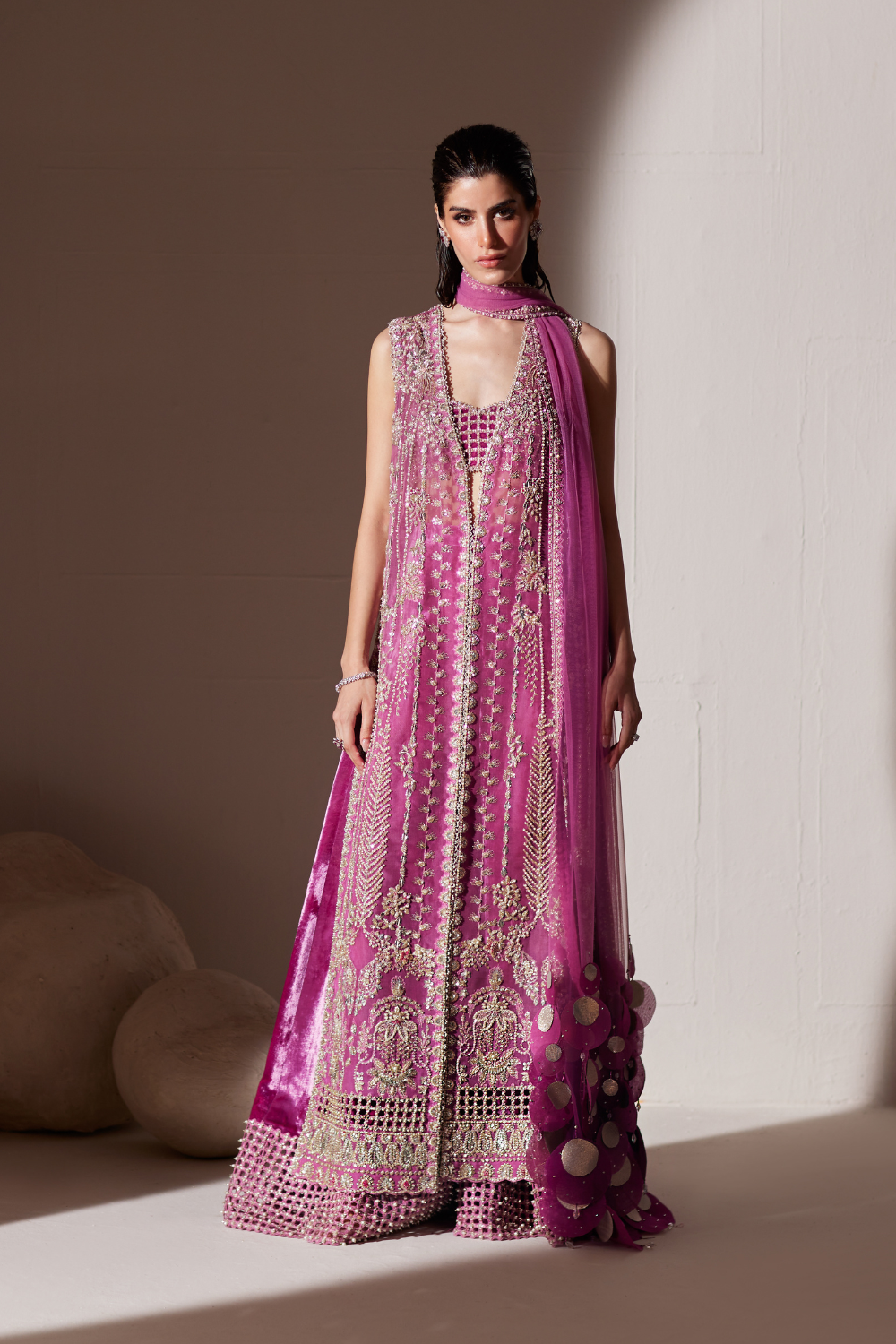 Orchid Pink Hand-Embellished Long Jacket Ensemble