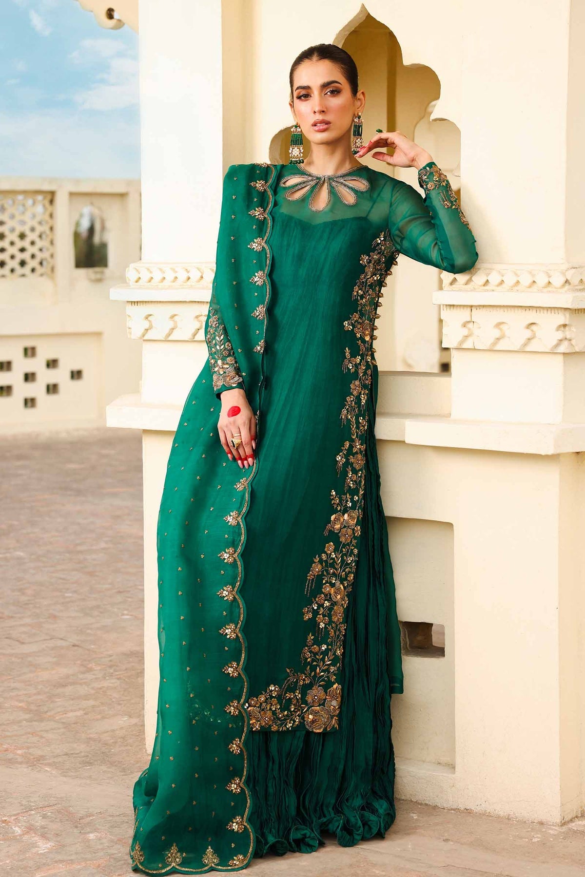 Emerald Enchant – Green Embroidered Formal Ensemble
