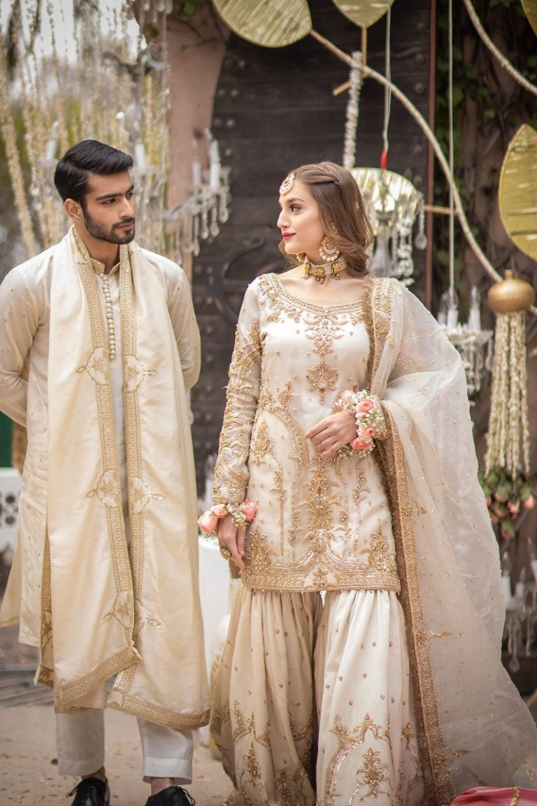 Eternal Elegance – Ivory & Gold Embroidered Bridal Ensemble