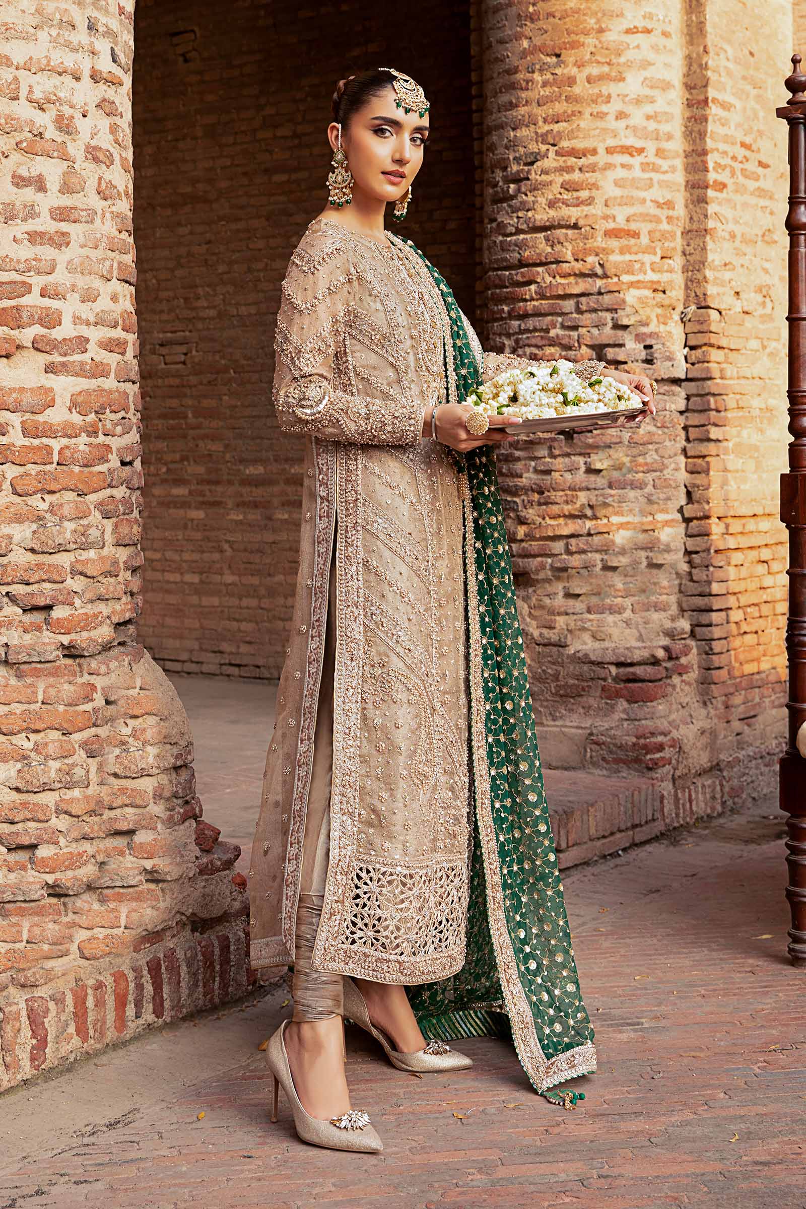 Heritage Charm – Beige Embroidered Ensemble with Emerald Dupatta