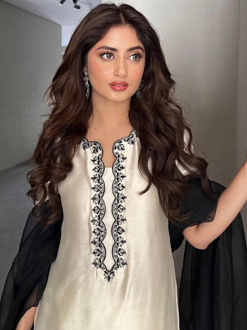 Graceful White & Black Embroidered Ensemble
