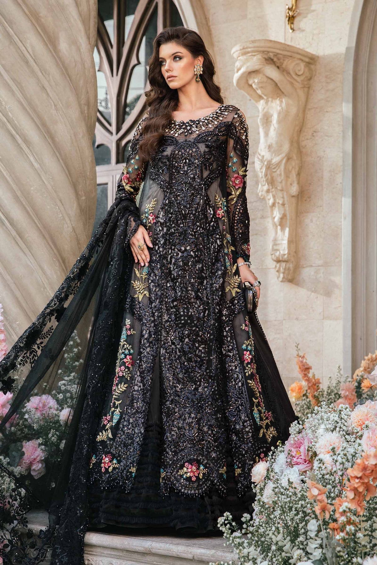 Midnight Bloom – Black Embroidered Formal Ensemble