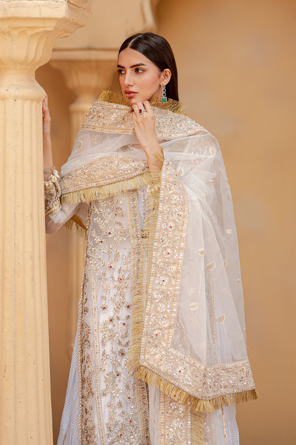 Ethereal Glow – White & Gold Embroidered Formal Ensemble